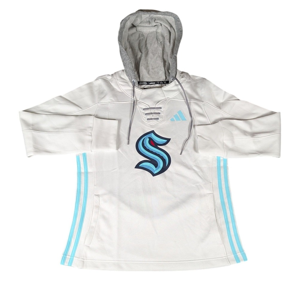 Adidas NHL Seattle Kraken Women White Lace Up Aeroready Hoodie Pullover Jacket - Picture 2 of 11